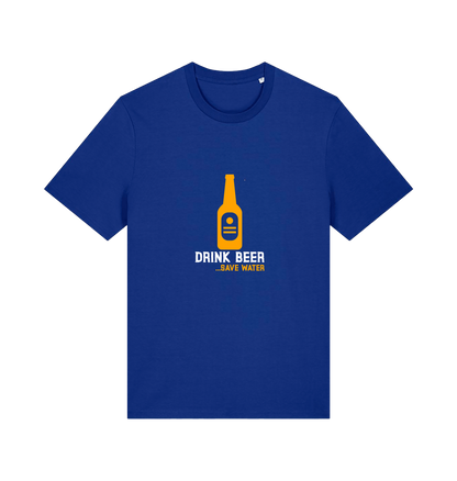 blue graphic t-shirt with a yellow beer bottle graphic and the slogan 'drink beer save water'