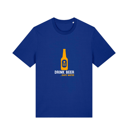 blue graphic t-shirt with a yellow beer bottle graphic and the slogan 'drink beer save water'