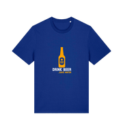 blue graphic t-shirt with a yellow beer bottle graphic and the slogan 'drink beer save water'