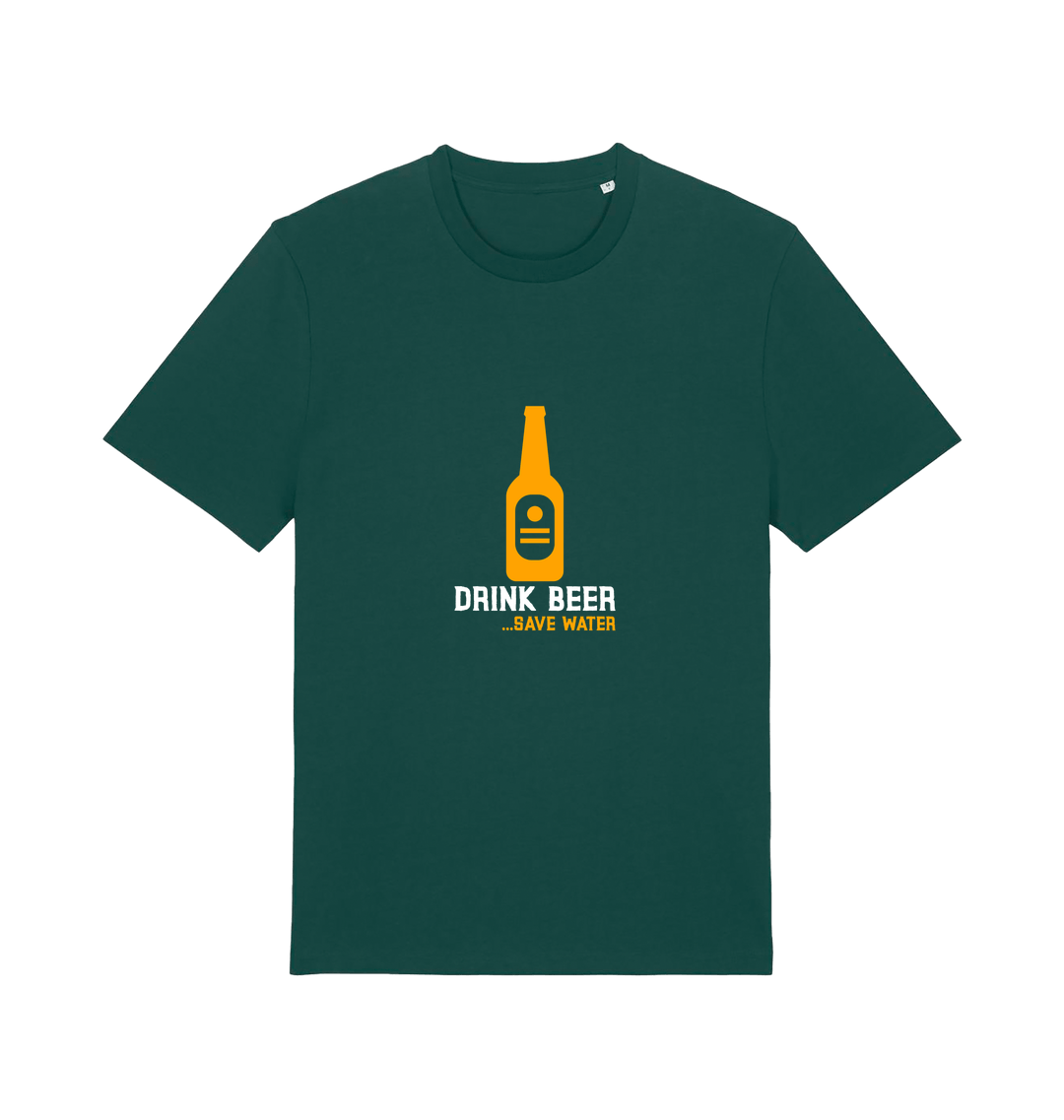 green graphic t-shirt with a yellow beer bottle graphic and the slogan 'drink beer save water'