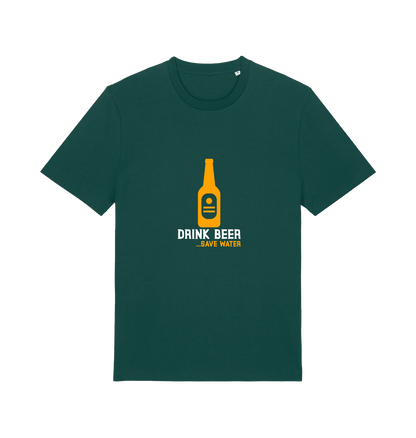 green graphic t-shirt with a yellow beer bottle graphic and the slogan 'drink beer save water'