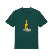 green graphic t-shirt with a yellow beer bottle graphic and the slogan 'drink beer save water'