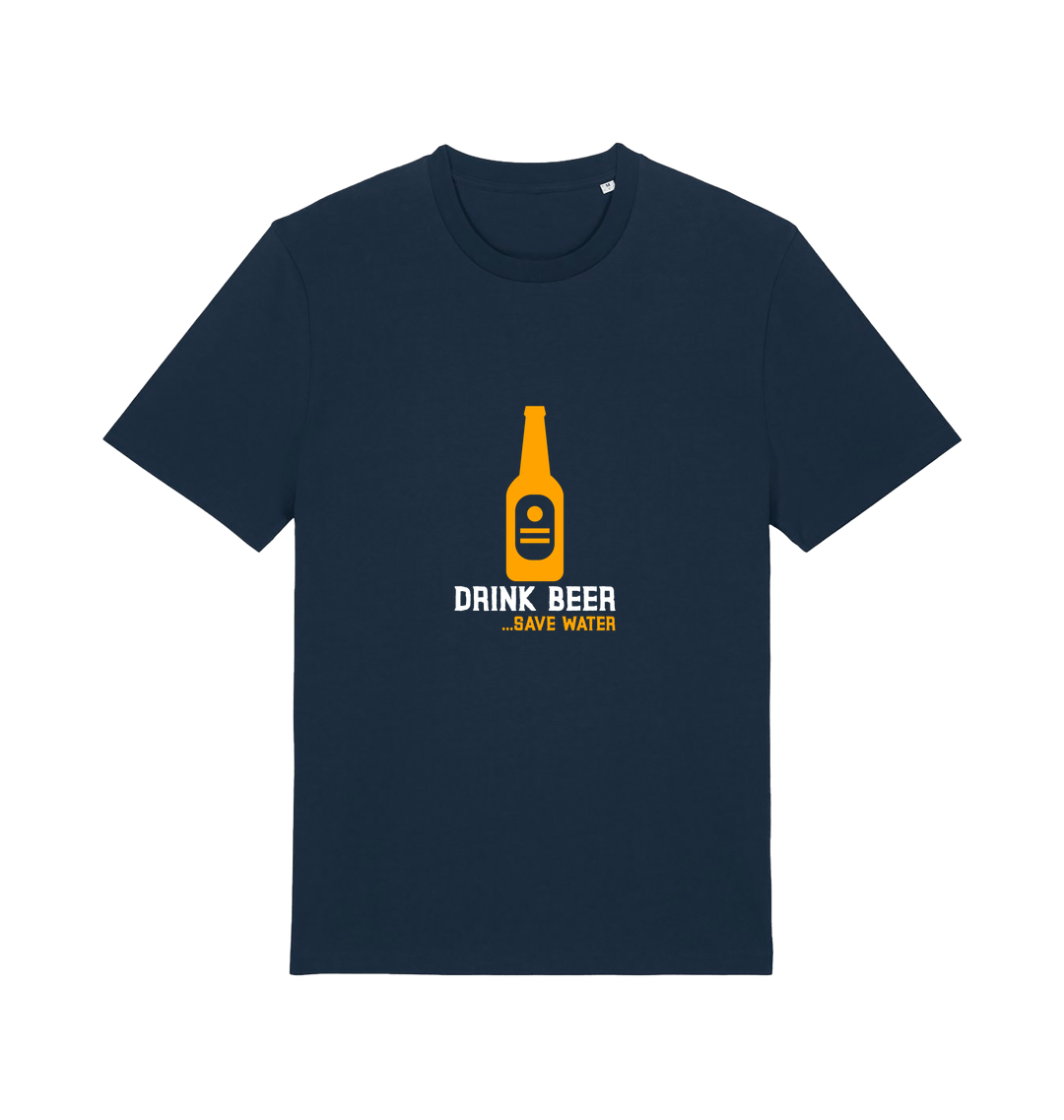 navy graphic t-shirt with a yellow beer bottle graphic and the slogan 'drink beer save water'