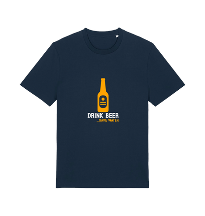 navy graphic t-shirt with a yellow beer bottle graphic and the slogan 'drink beer save water'