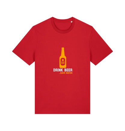 red graphic t-shirt with a yellow beer bottle graphic and the slogan 'drink beer save water'