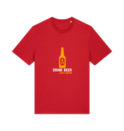 red graphic t-shirt with a yellow beer bottle graphic and the slogan 'drink beer save water'