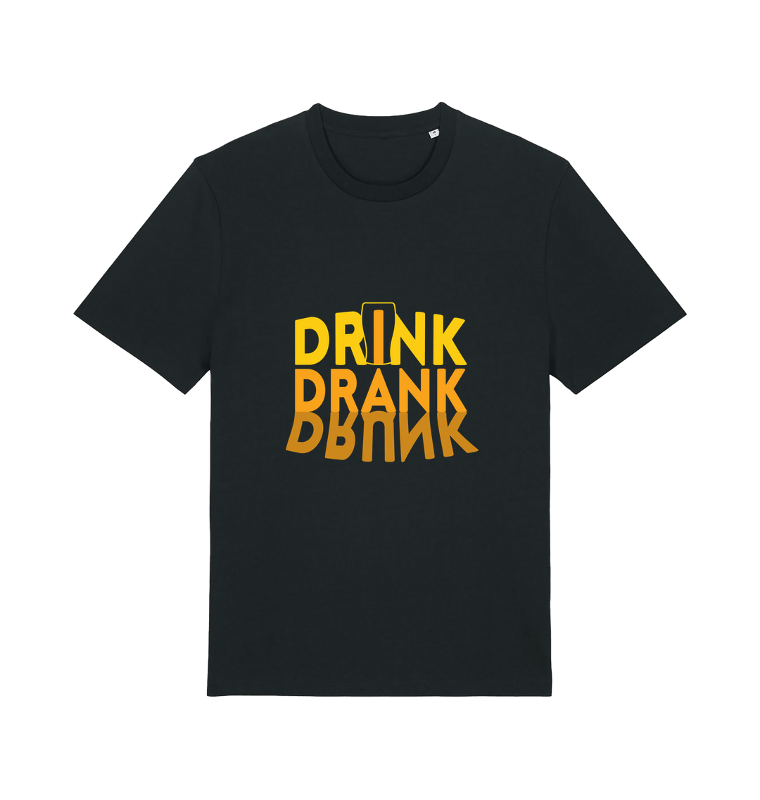 black slogan t-shirt with orange writing saying 'drink drank drunk'