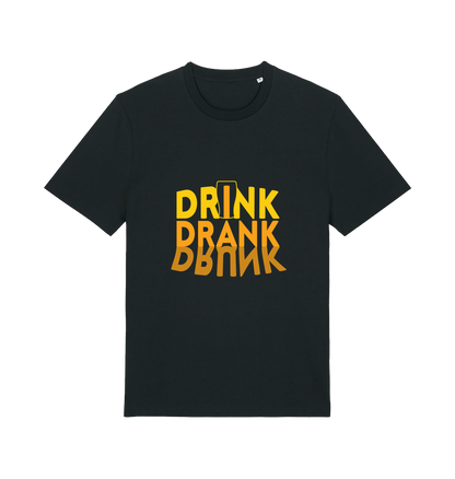 black slogan t-shirt with orange writing saying 'drink drank drunk'