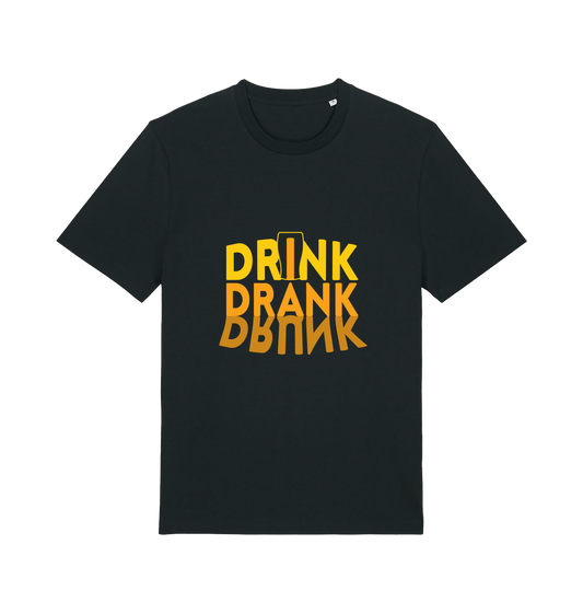 black slogan t-shirt with orange writing saying 'drink drank drunk'