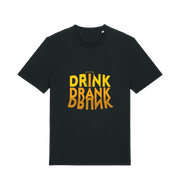 black slogan t-shirt with orange writing saying 'drink drank drunk'