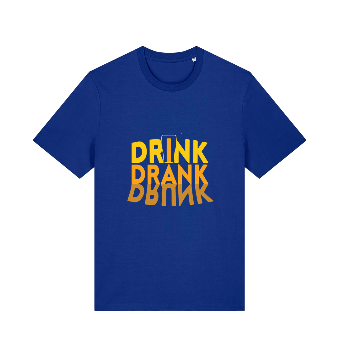 blue slogan t-shirt with orange writing saying 'drink drank drunk'