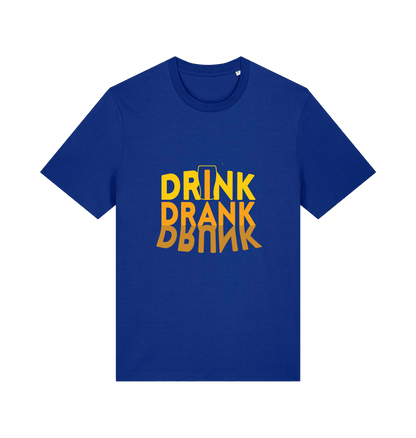 blue slogan t-shirt with orange writing saying 'drink drank drunk'