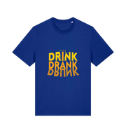 blue slogan t-shirt with orange writing saying 'drink drank drunk'