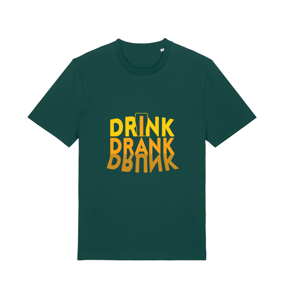 green slogan t-shirt with orange writing saying 'drink drank drunk'