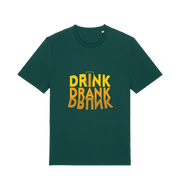 green slogan t-shirt with orange writing saying 'drink drank drunk'