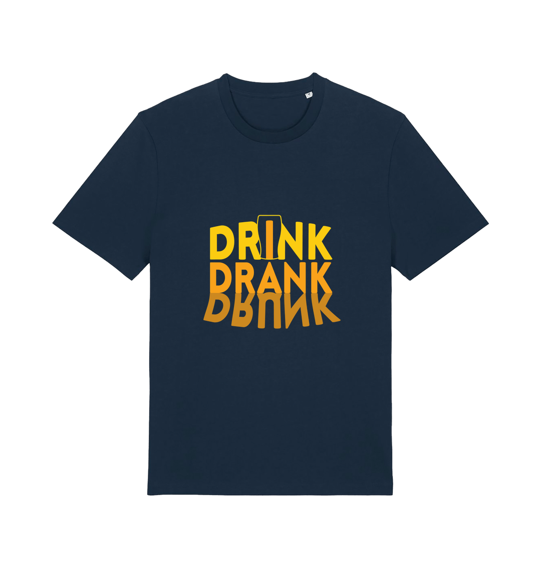 navy slogan t-shirt with orange writing saying 'drink drank drunk'