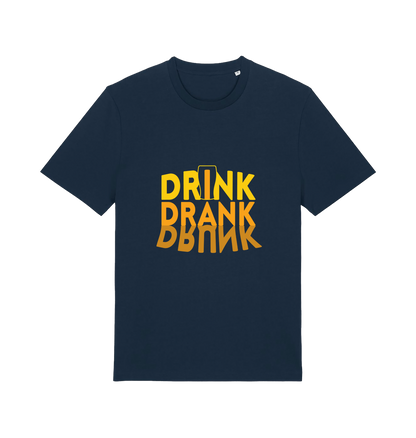 navy slogan t-shirt with orange writing saying 'drink drank drunk'