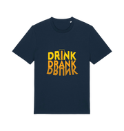 navy slogan t-shirt with orange writing saying 'drink drank drunk'