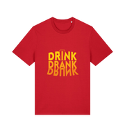 red slogan t-shirt with orange writing saying 'drink drank drunk'