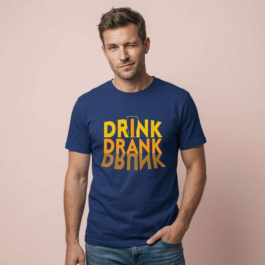 Man winking with hand in pocket in worker blue Drink Drank Drunk tee, funny beer banter pub slogan