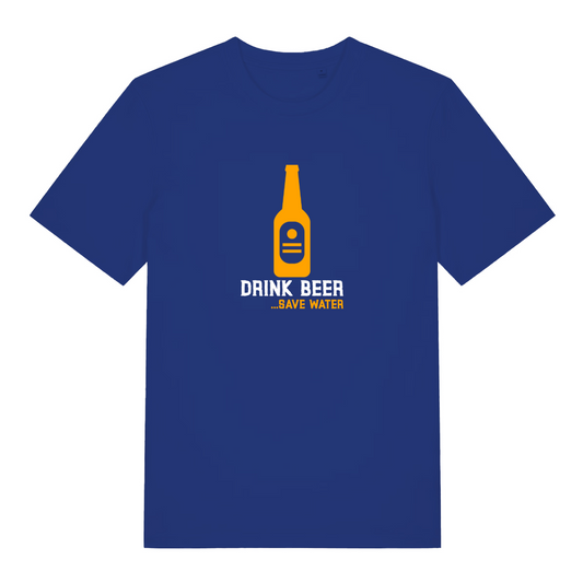 blue graphic t-shirt with the graphic of a beer bottle and the slogan 'drink beer, save water'