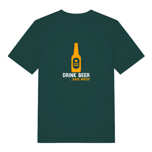 green graphic t-shirt with the graphic of a beer bottle and the slogan 'drink beer, save water'