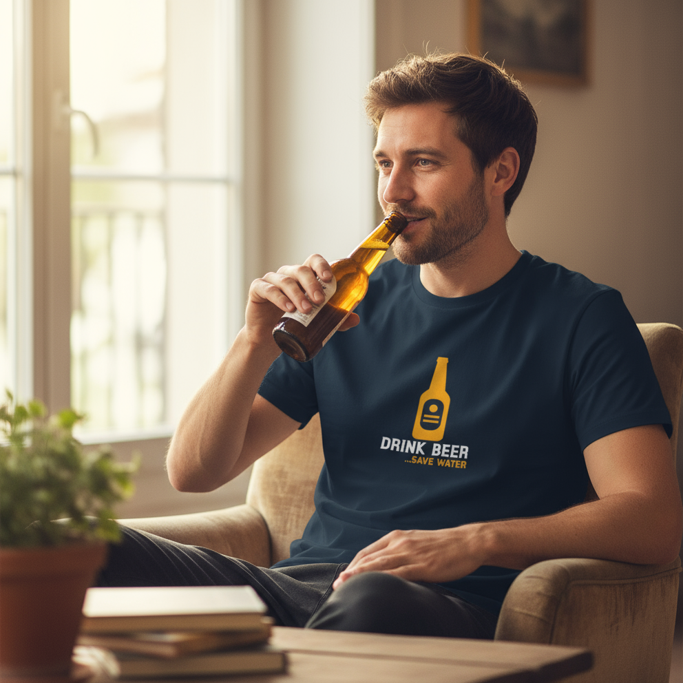 Man sitting on a couch drinking a beer wearing a blue t-shirt with a beer bottle graphic and text.