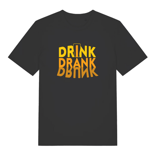 black slogan t-shirt with the text 'drink drank drunk'