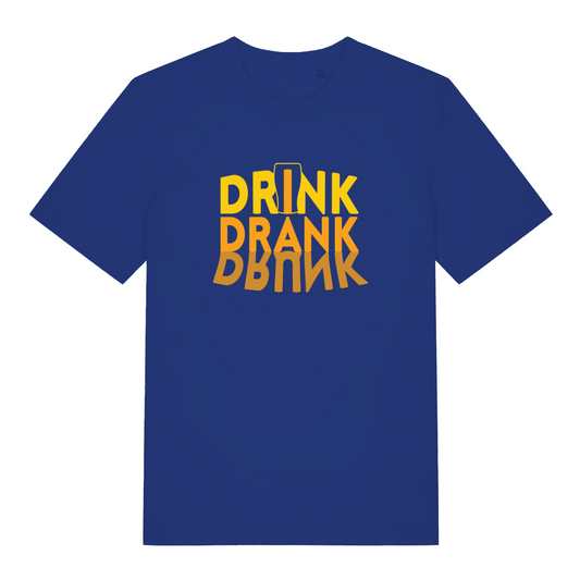 blue slogan t-shirt with the text 'drink drank drunk'
