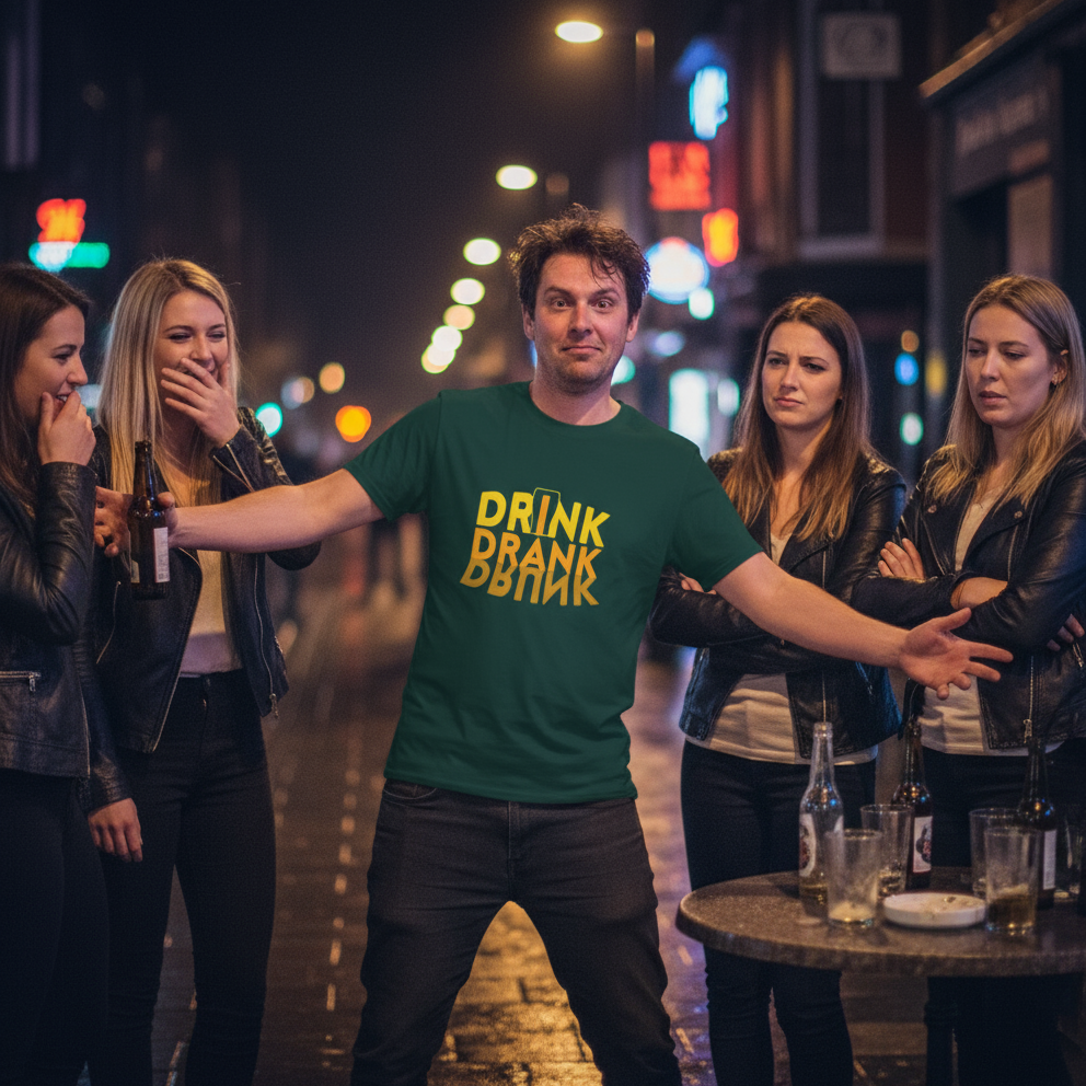 Man wearing a green t-shirt with 'DRINK DRANK DRANK' in yellow on a street at night.