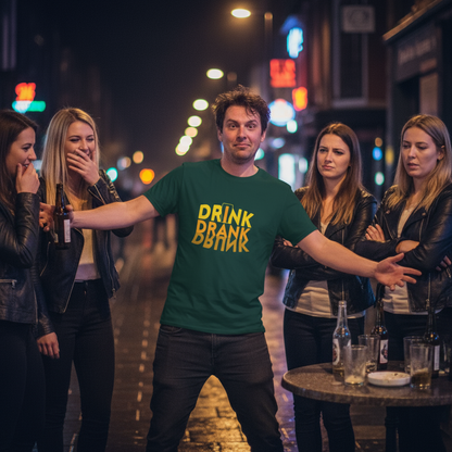 Man wearing a green t-shirt with 'DRINK DRANK DRANK' in yellow on a street at night.