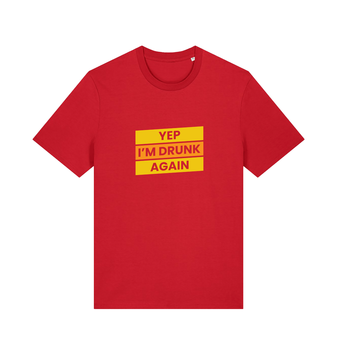 red beer t-shirt with the slogan 'yep i'm drunk again'