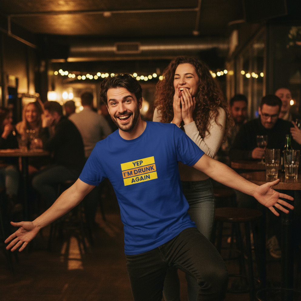 Man wearing a blue t-shirt with text in a bar setting