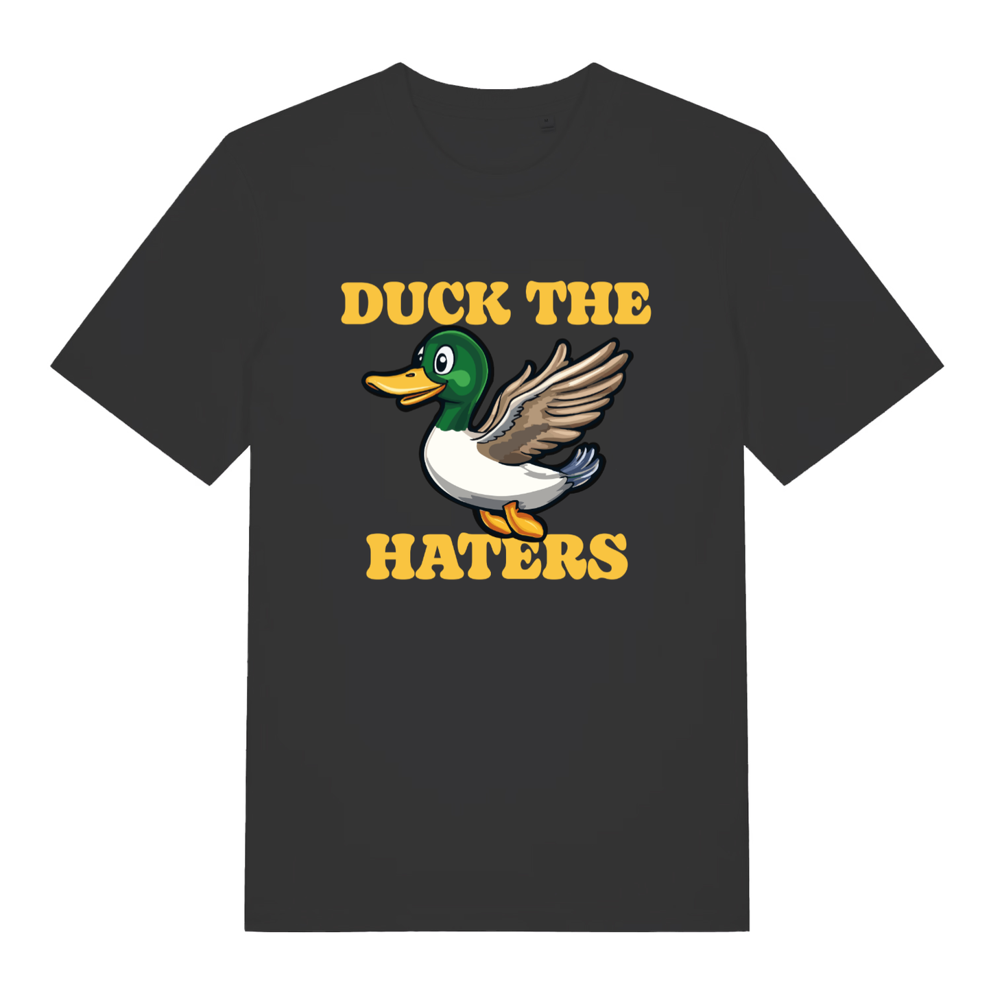 Black Duck The Haters T-shirt flat lay with flying duck funny pun graphic