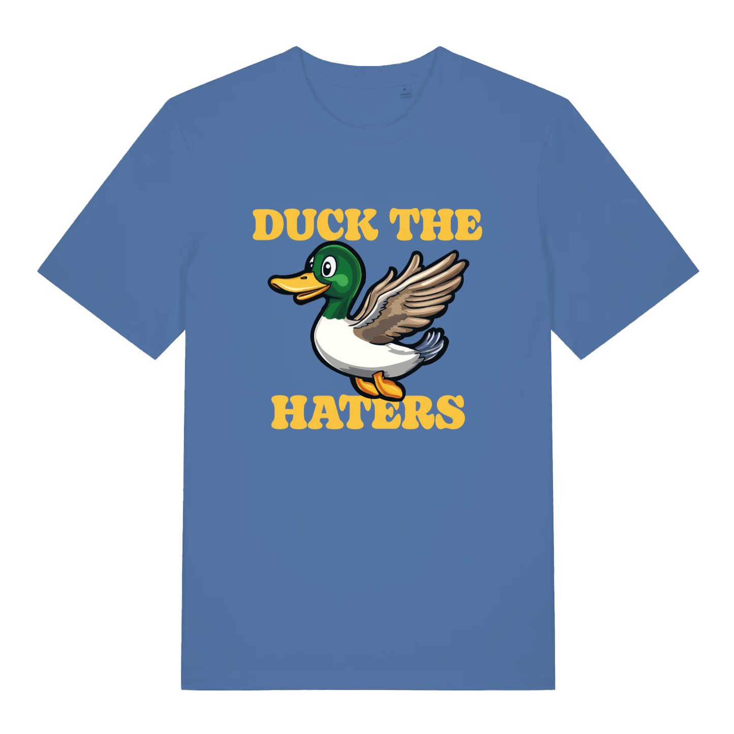 Blue Duck The Haters T-shirt flat lay featuring cute mallard duck "Duck The Haters" design