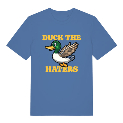Blue Duck The Haters T-shirt flat lay featuring cute mallard duck "Duck The Haters" design