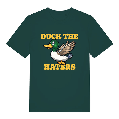 Green Duck The Haters T-shirt flat lay showing bold yellow duck anti-hater illustration