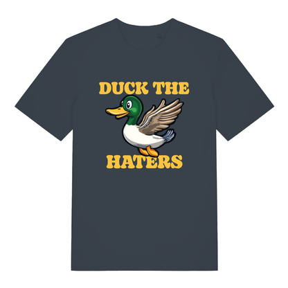 Ink Grey Duck The Haters T-shirt flat lay with playful duck graphic slogan