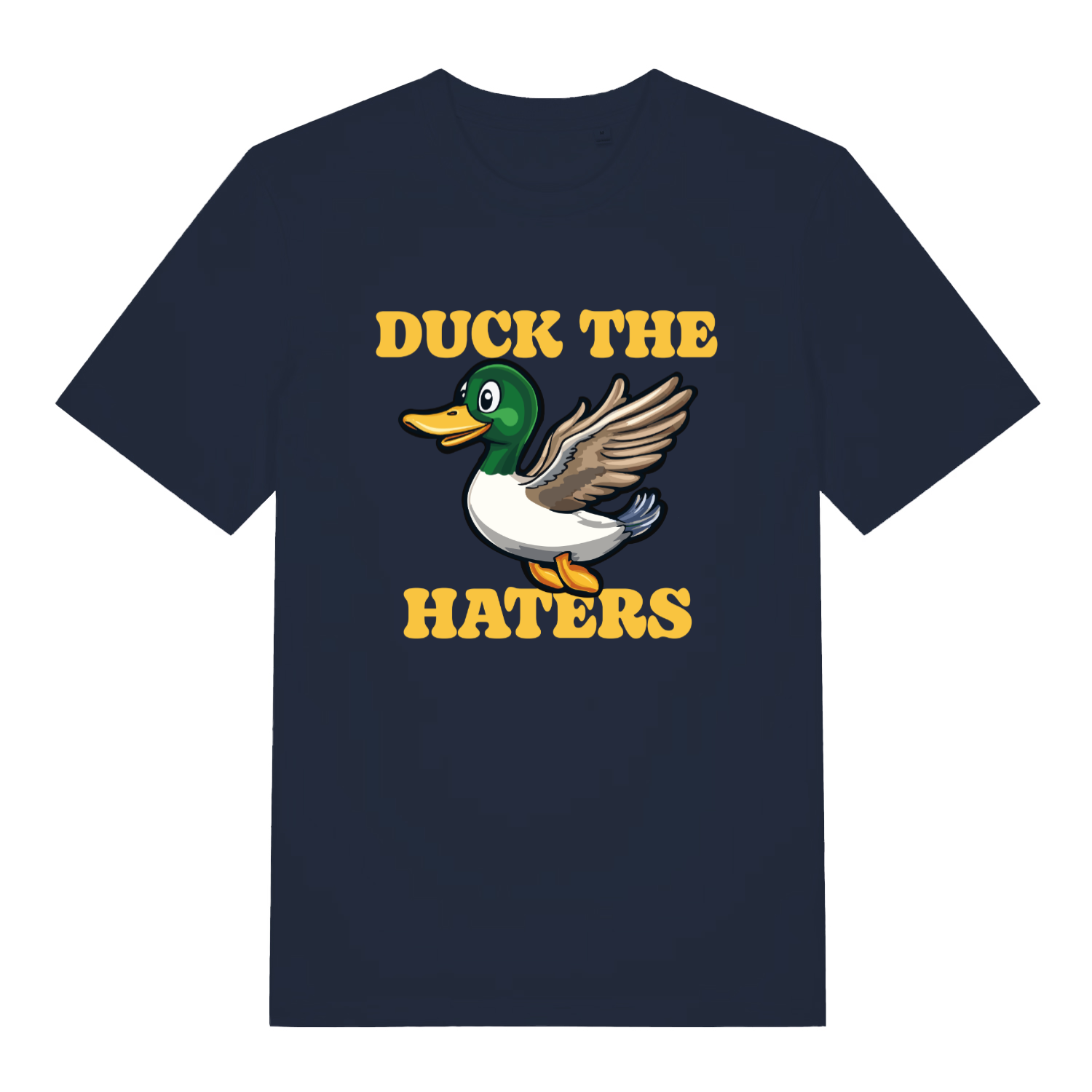 Navy Duck The Haters T-shirt flat lay displaying cheeky flying duck pun artwork