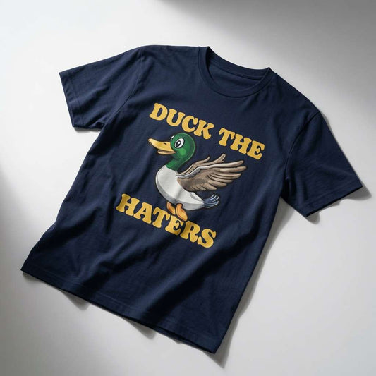 Navy Duck The Haters t-shirt featuring cartoon mallard, mens funny cheeky animal pun graphic