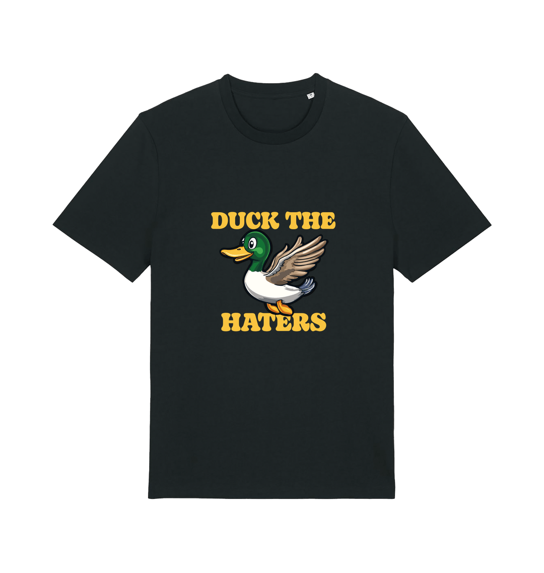 black funny offensive t-shirt with the graphic of a flying duck and the slogan 'duck the haters'
