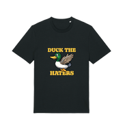 black funny offensive t-shirt with the graphic of a flying duck and the slogan 'duck the haters'