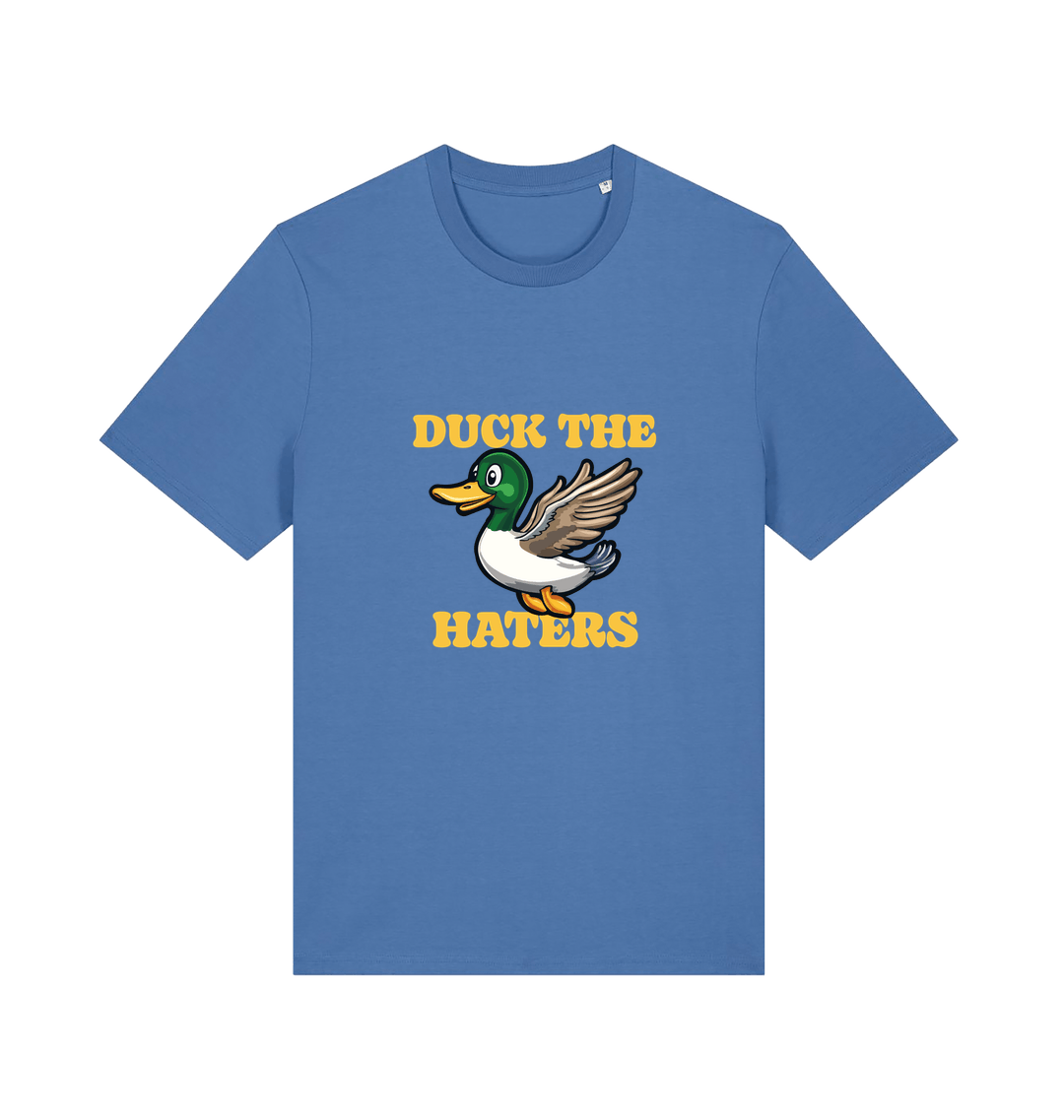 blue funny offensive t-shirt with the graphic of a flying duck and the slogan 'duck the haters'
