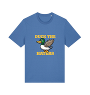 blue funny offensive t-shirt with the graphic of a flying duck and the slogan 'duck the haters'