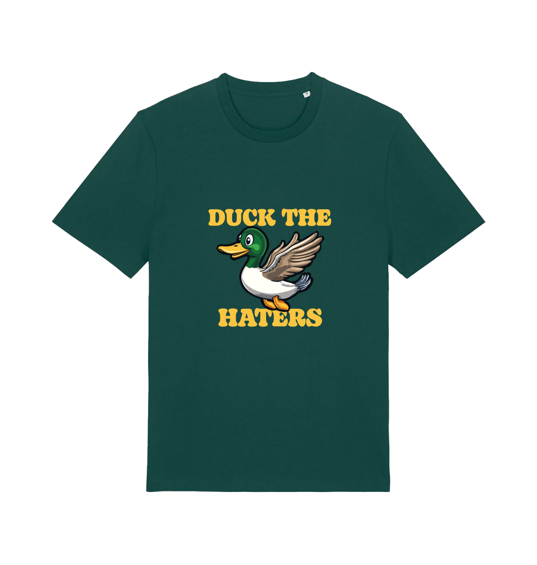 green funny offensive t-shirt with the graphic of a flying duck and the slogan 'duck the haters'