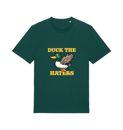 green funny offensive t-shirt with the graphic of a flying duck and the slogan 'duck the haters'