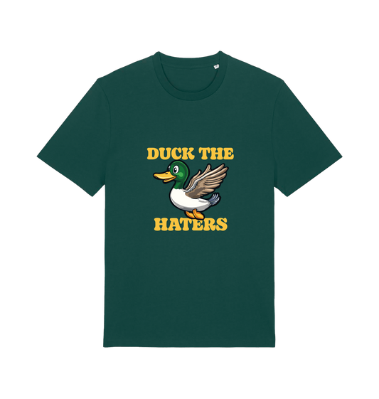 green funny offensive t-shirt with the graphic of a flying duck and the slogan 'duck the haters'