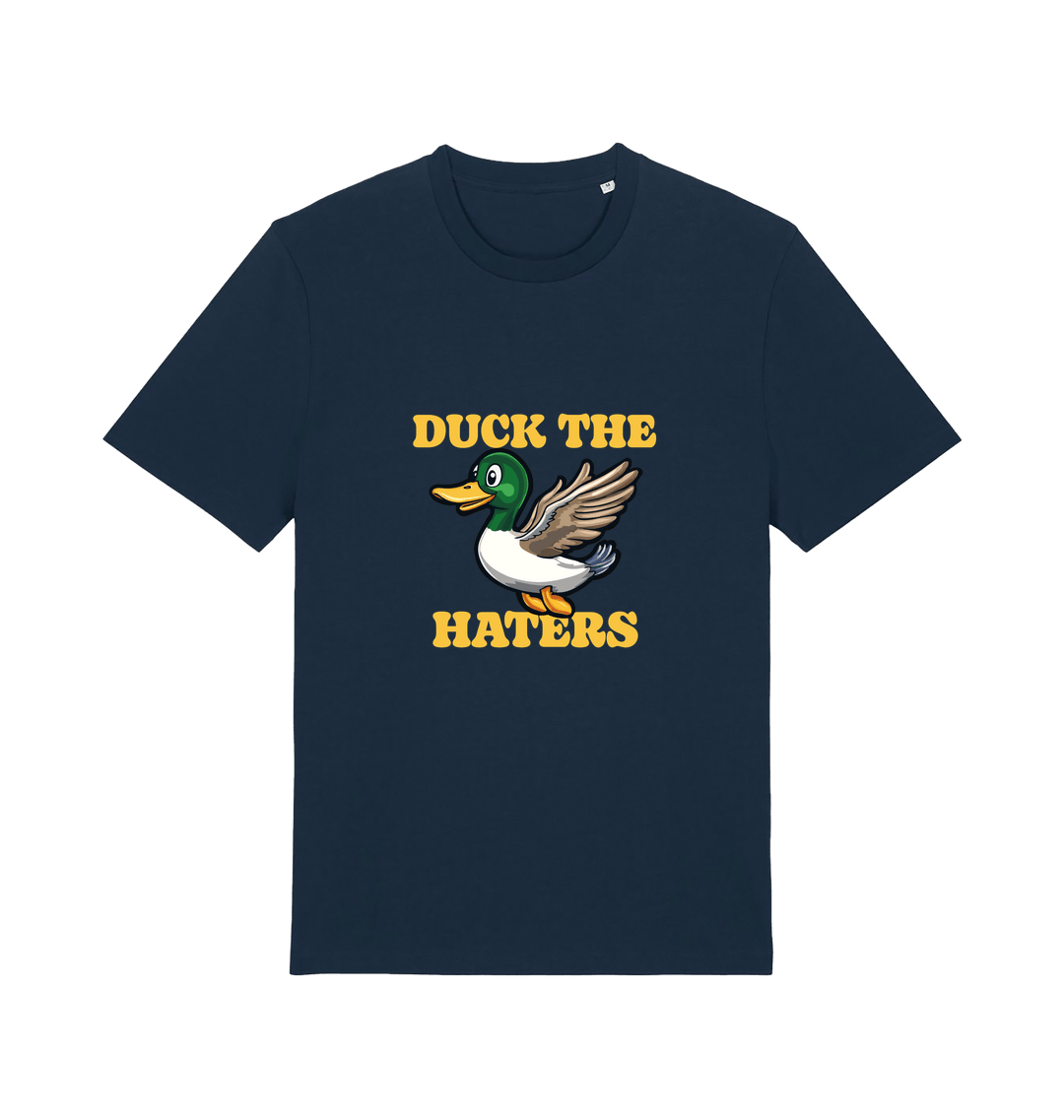 navy funny offensive t-shirt with the graphic of a flying duck and the slogan 'duck the haters'