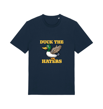 navy funny offensive t-shirt with the graphic of a flying duck and the slogan 'duck the haters'