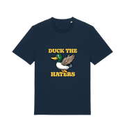 navy funny offensive t-shirt with the graphic of a flying duck and the slogan 'duck the haters'